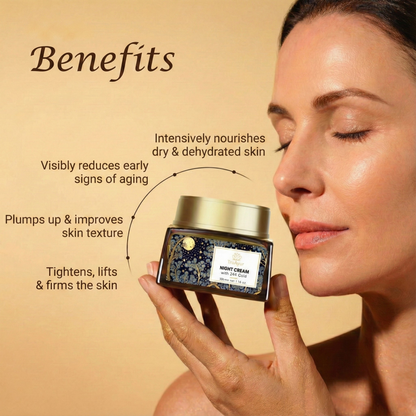 24K zelta ajūrvēdas pretnovecošanās nakts krēms ar bakuči eļļu, safrānu un kurkumu