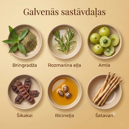 29 augu ajūrvēdas eļļa galvas ādas masāžai, lai mazinātu stresu, atdzīvinātu matus un veicinātu relaksāciju