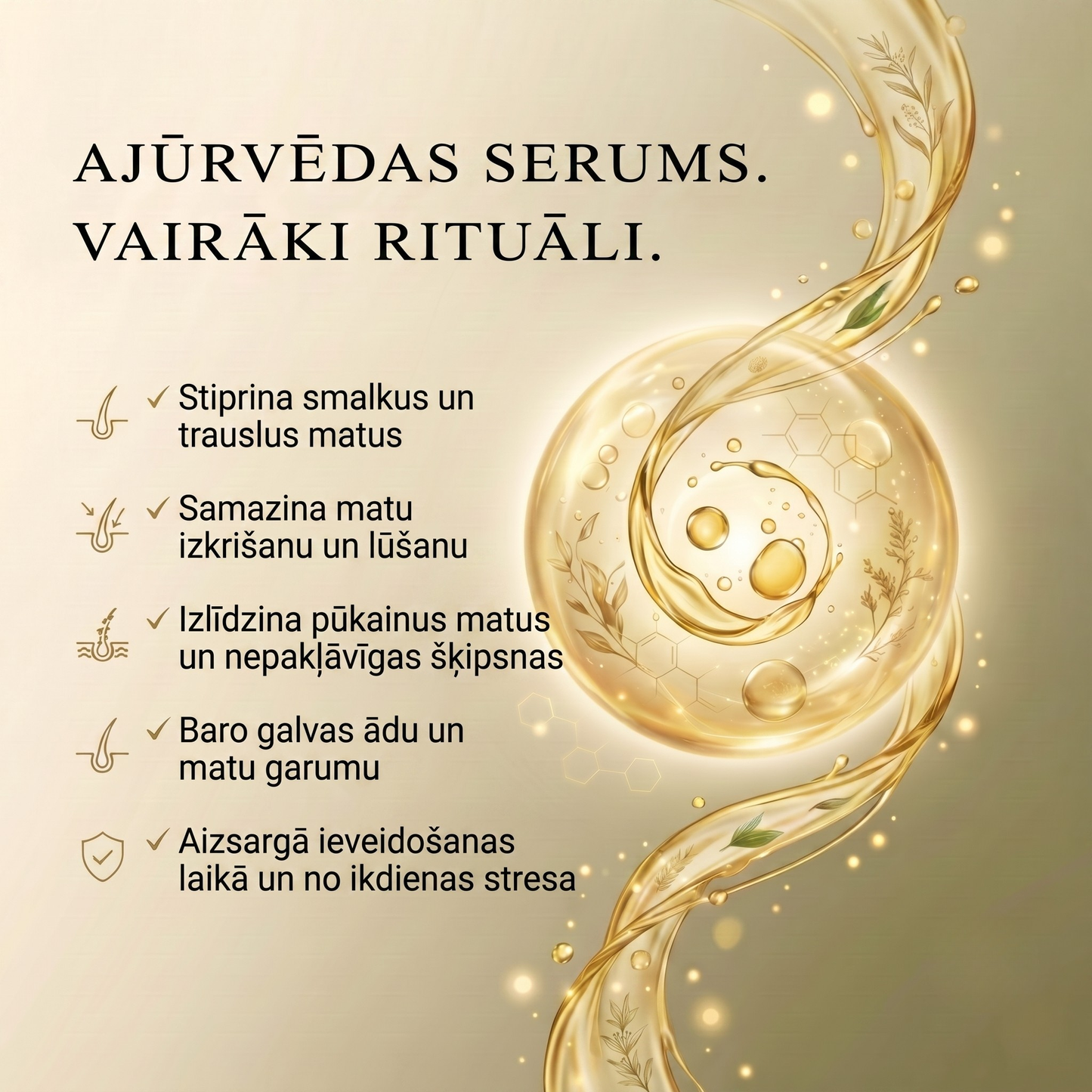 Ajūrvēdas matu seruma eļļa ar 11 augiem stiprākiem matiem, savaldītiem sprogainiem matiem un starojošam spīdumam